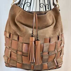 Michael Kors Vivian Large Woven Suede Bucket Hobo Shoulder Bag Crossbody Strap
